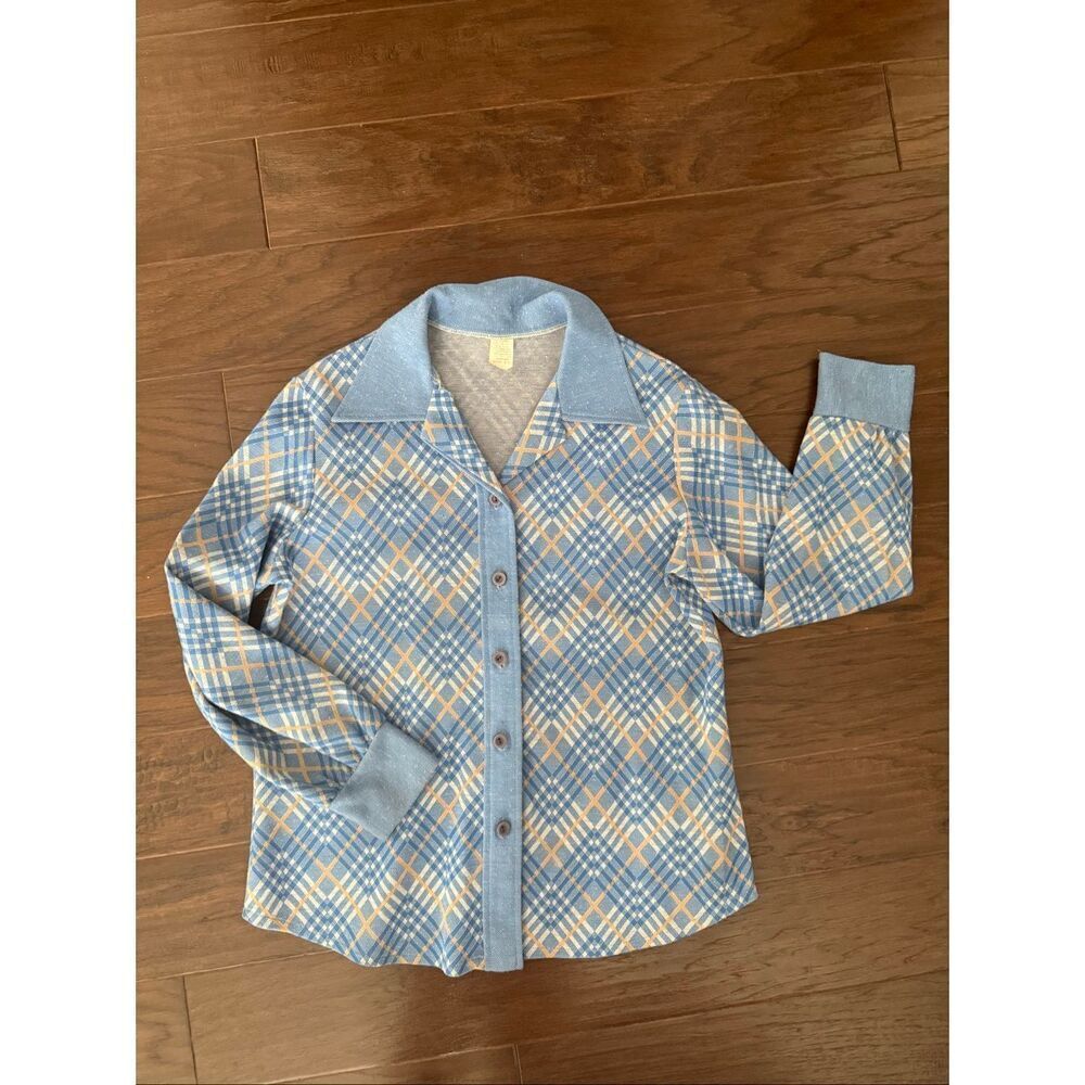 1970s Sears Polyester Disco Era Women’s Button Up size 8 Blue